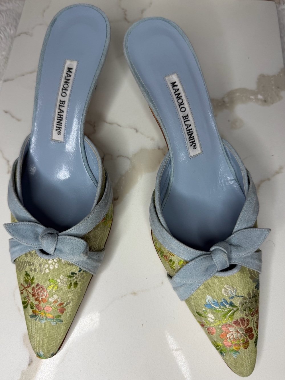 Manolo Blahnik Pale Blue & Light Green Floral Pointed Mules